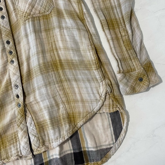 Free People Yellow White Double Dip Plaid High Low Tunic Flannel Size Small - Picture 6 of 7